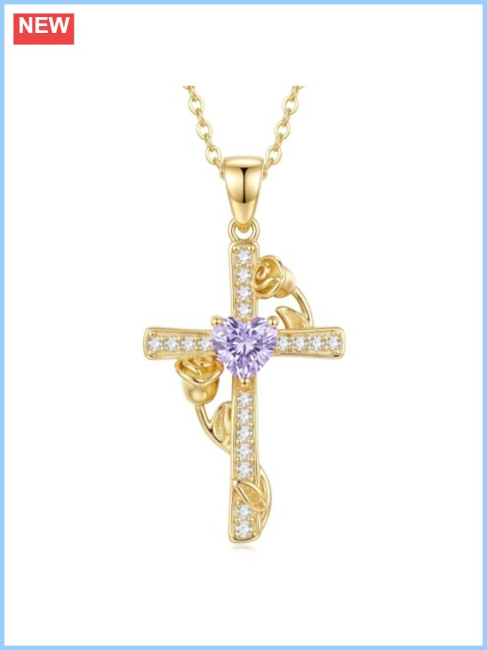 14K Gold Plated Rose Cross Necklace Heart Birthstone Pendant